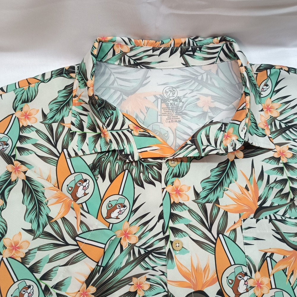 Buc-ee's Mens Buc Palm Surf Camper Shirt 2XL Tropical Floral‎ Surfboard NWT